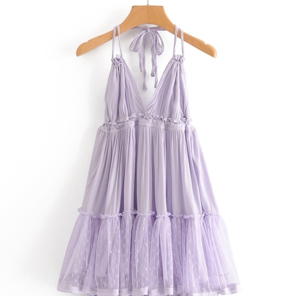 Boho Mesh Open Back sheer Halter tie ruffle dress - Picture 11 of 12